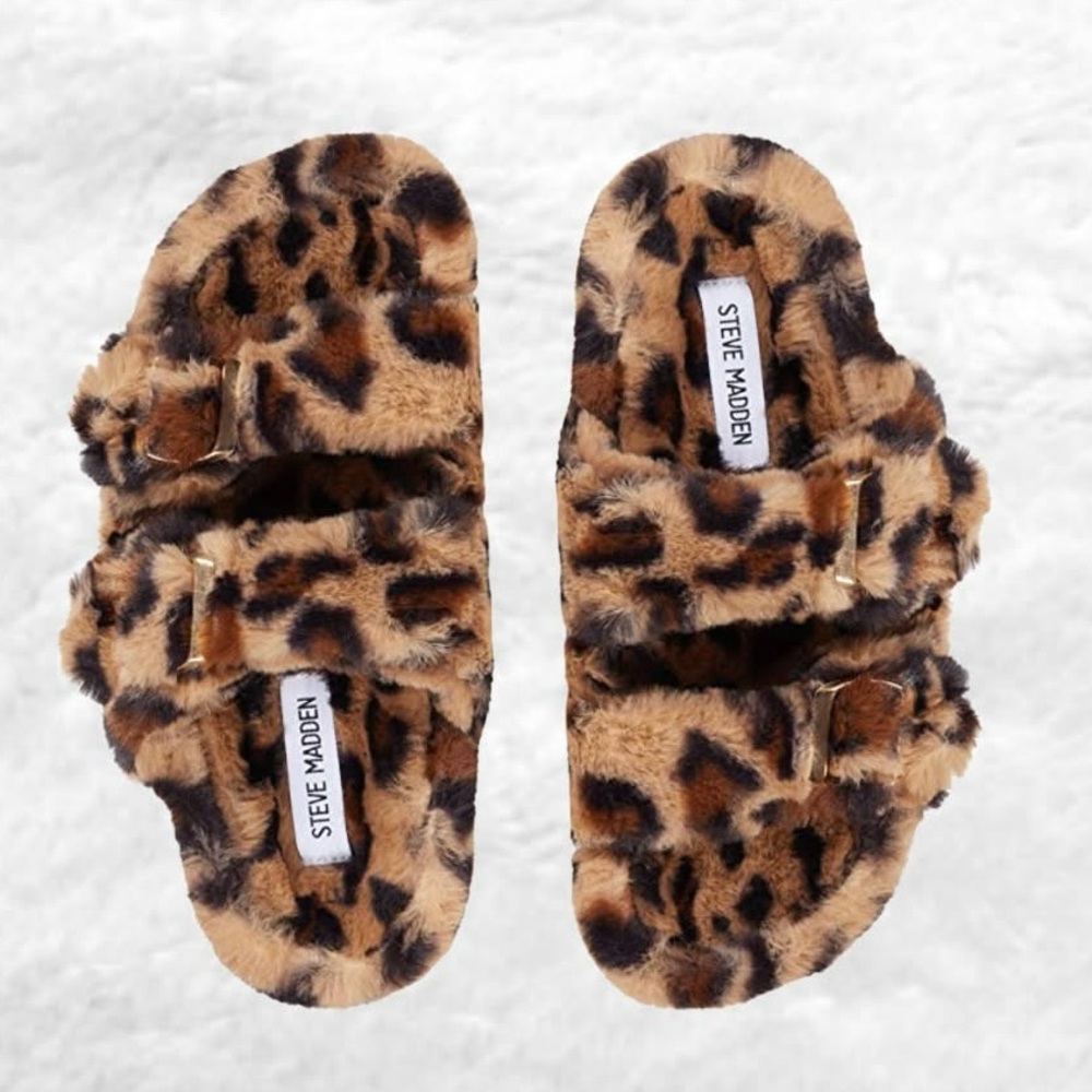 Steve Madden Brown Leopard Fuzzy Slippers